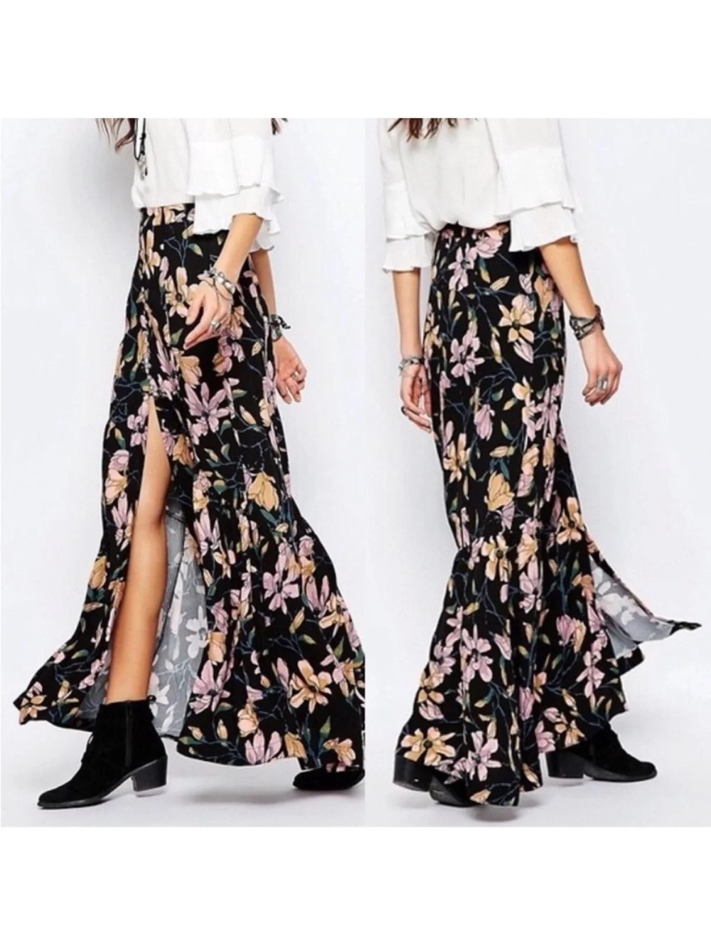 Free People Smooth Sailing Maxi Skirt Button Front Dark Floral Size 8